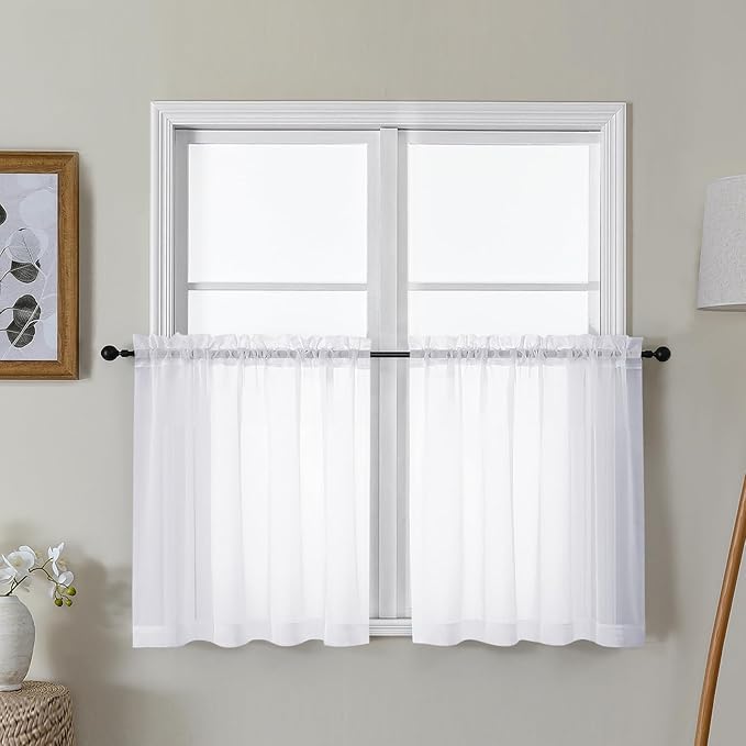 Gwine White Sheer Curtain Tiers 24 Inch Length, Light Filtering Voile Short Curtain for Living Room Bedroom, Rod Pocket Cafe Curtains for Small Windows 42x24 Inch, 2PCS