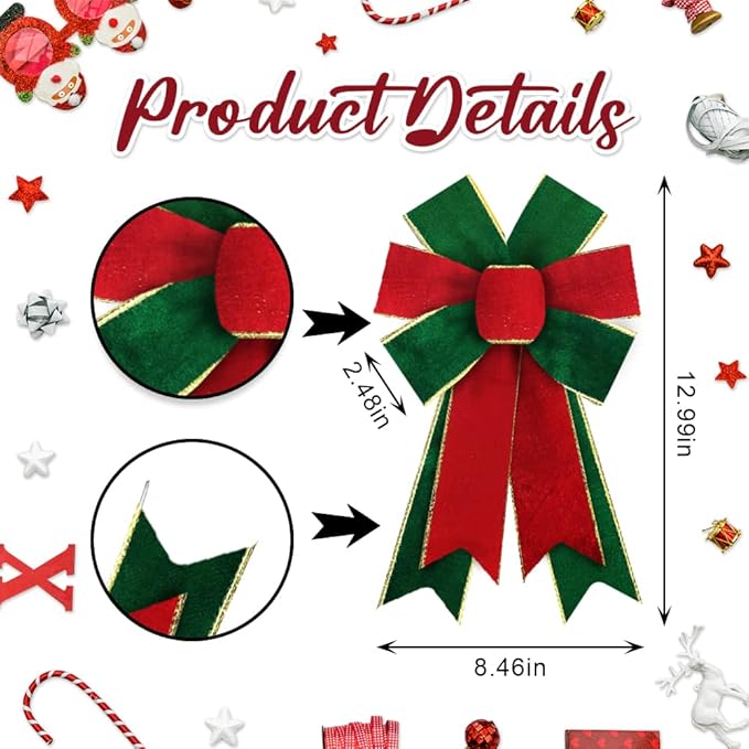 2pcs Christmas Wreath Bows Christmas Bows Green Solid Red Burlap Bows for Wreaths, Christmas Ribbon Bows Tree Topper Bows for New Year Home Indoor Outdoor Decoration Wreath Ornament Supplies
