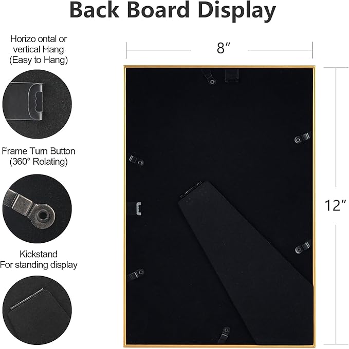 8x12 Picture Frame Set of 2, Matte Gold Modern Simple Thin Aluminum Metal Photo Frame with HD Real Glass, Display for Tabletop and Wall Collage, 2 Pack