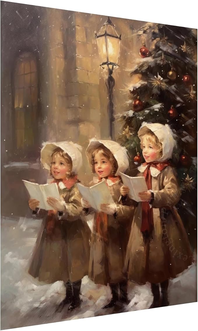 Christmas Carolers Wall Art,Three Children Christmas Carolers Poster,Christmas Decor,Holiday Decor,Winter Print,Christmas Print,Nursery Decor Art,Vintage Winter Christmas Print16x24inch Unframed
