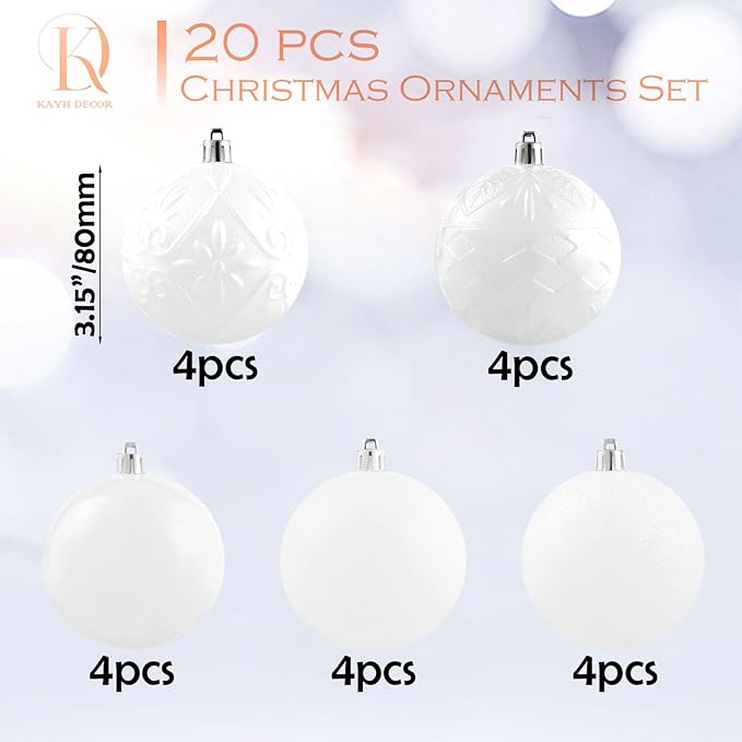 20ct White Christmas Ball Ornaments Shatterproof Plastic Christmas Tree Decorations for Xmas Party Home Office Holiday Decor -Large Size (3.15", 80mm)
