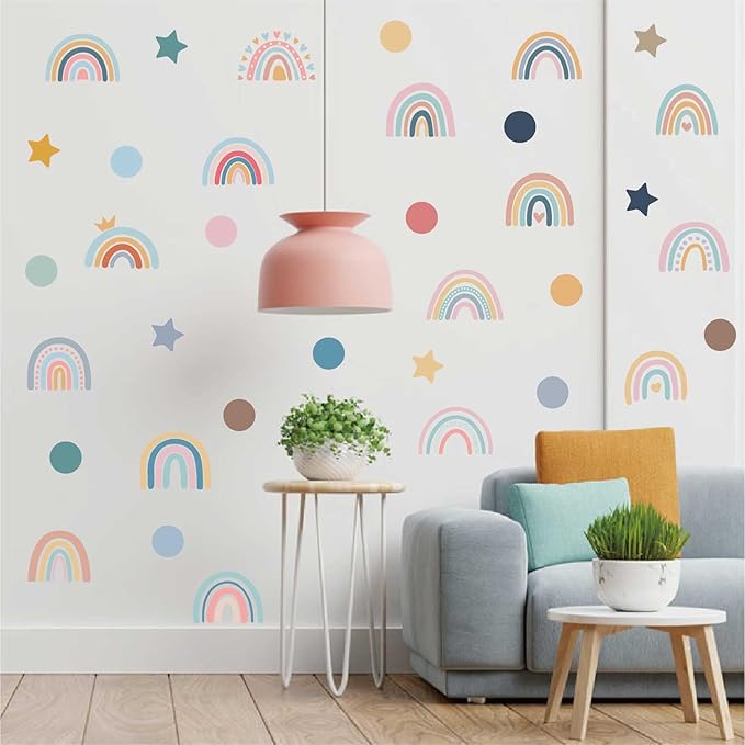 Rainbow Wall Decals for Children Room - 4 Sheets 76Pcs Boho Star & Dots Wall Stickers | Peel and Stick Nursery Decor, Playroom, Classroom | Removable Waterproof Wall Art