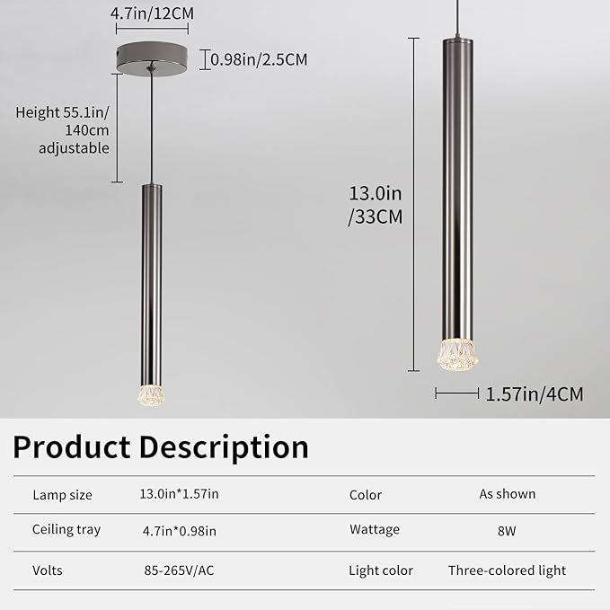 Modern LED Pendant Light, Luxury Diamond Mini Strip Hanging Light, 3 Color Temperatures, Kitchen Island Ceiling Lighting Fixtures for Dining Room, Bar, Hallway, Living Room, Bedside