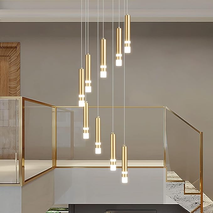 9-Light Modern Pendant Light Fixture Dimmable LED 54W Gold Staircase Large Chandelier Lobby Living Room Bedroom Foyer High Ceiling Chandelier