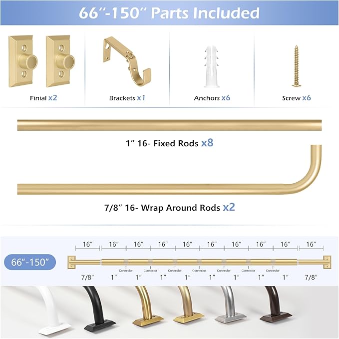 Gold Wrap Around Curtain Rods 72 to 144":Blackout Heavy Duty Adjustable Long Window Curtain Rod Room Darkening,Modern Industrial Curved French Return Metal Drapery Rods Easy Install,Brass Gold