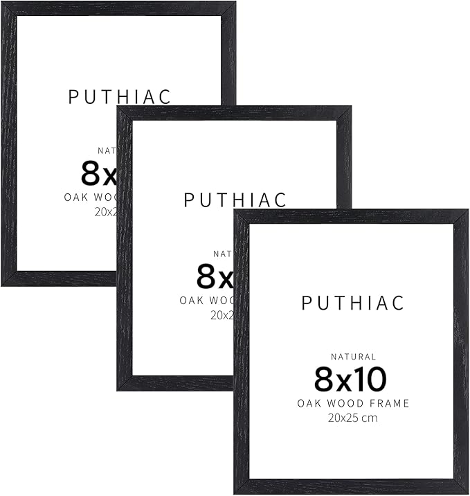 puthiac 8x10 Black Oak Wood Picture Frame -8"x10" Frame Wood, 8"x10" Natural Solid Wood Poster Frames for Wall Art Photo and Prints (3 Pack, Black)