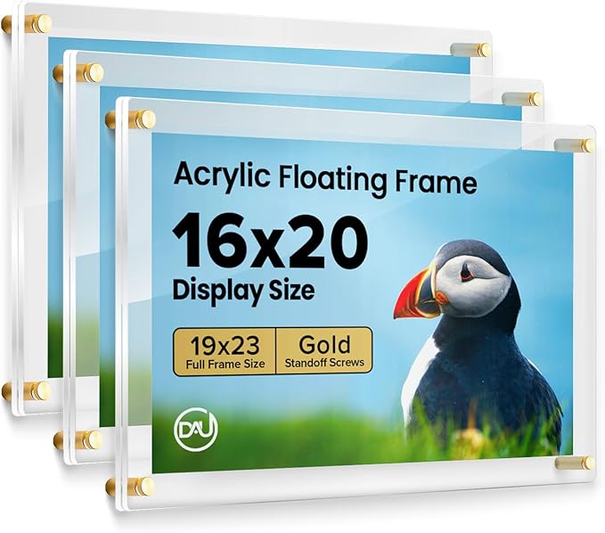 Acrylic Floating Frames Gold Standoffs (3-Pack) 16" x 20" Clear Acrylic Frames for Wall Mount Floating Picture Frame, Diploma Poster Certificate Hanging Photo Display Degree Prints Artwork Documents