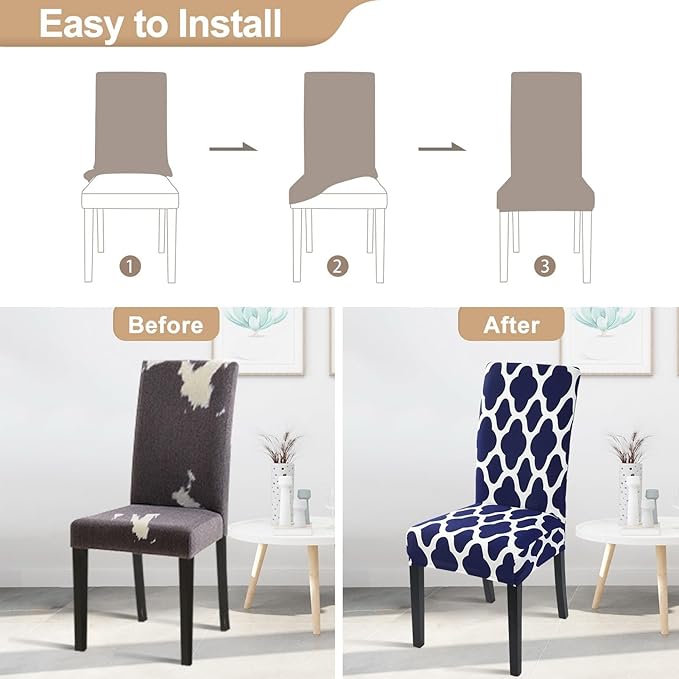 SearchI Dining Room Chair Covers Set of 6, Spandex Stretch Kitchen Chair Slipcovers Removable Washable Moroccan Geometric Parsons Chair Covers Protector for Dining Room, Hotel (Navy Blue)