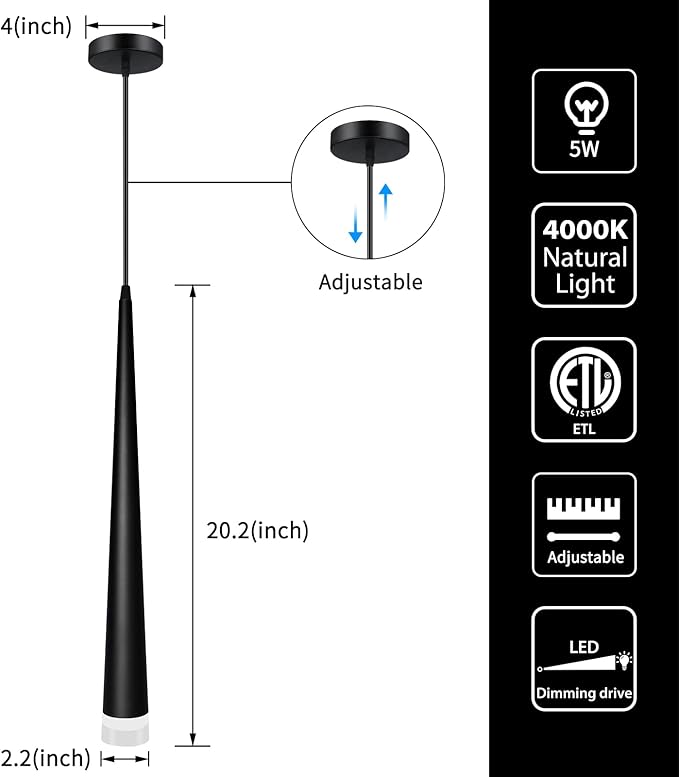 OKELI Black LED Pendant Light, Modern Conical Dimmable Pendant Lights, Minimalist Pendant Lighting for Kitchen Island, Dining Room, Bedroom, Bar,5w,4000k,3 Pack