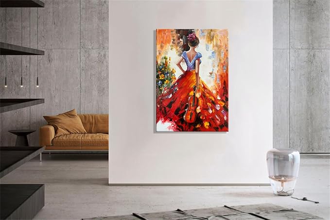 zoinart Hand Painted Abstract Vertical Canvas Wall Art 28x40 Inches Musical Girl Modern 3D Wall Paintings Framed Contemporary Art for Home Decorations Wall Decor Ready to Hang