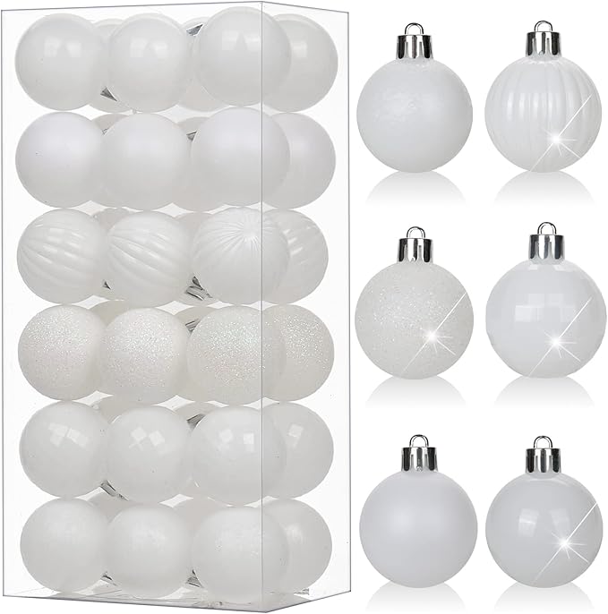 Hollyone 1.57" Pearl-White Christmas Ornaments - 36 Pcs Mini Shatterproof Plastic Christmas Tree Decorations with Hanging Loop