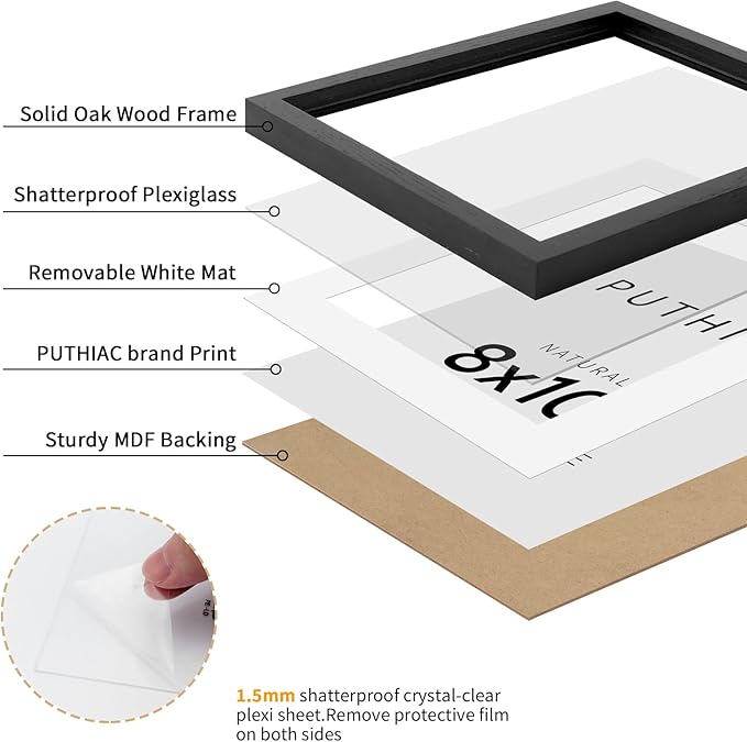 puthiac 8x10 Black Oak Wood Picture Frame - 8"x10" Photo Frame, 8x10 Picture Frame Wood, Natural Solid Wooden Picture Frames for Wall Art Photo and Prints (1 Pack, Black)