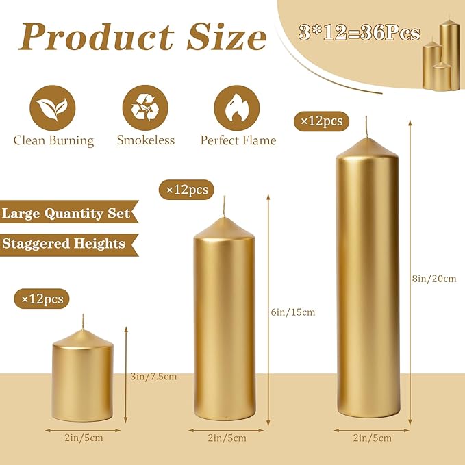 36 Pcs Gold Pillar Candles Bulk Set，Hurricane Candles，3 Different Lengths (12 Each)，Dripless Unscented Smokeless，Suitable for Decorating Christmas, Weddings, and Other Events！