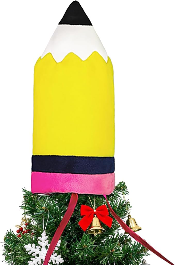 Eyourlife Pencil Christmas Tree Topper, 9inch Winter Yellow and Pink Velvet Pencil Tree Topper Decor for Party Home Office Classroom Xmas Christmas Indoor/Outdoor Tree Top Decoration Gifts
