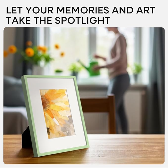 Homeforia 8x10 Picture Frame Sage Green, High End Metal 8 x 10 Poster Frames with Mat 5 by 7 Art, 10x8 Thin Frame Matted to 7x5 Photo, 8by10 Wall or Tabletop Frames, Tempered Glass, Wall Kit, Set of 1