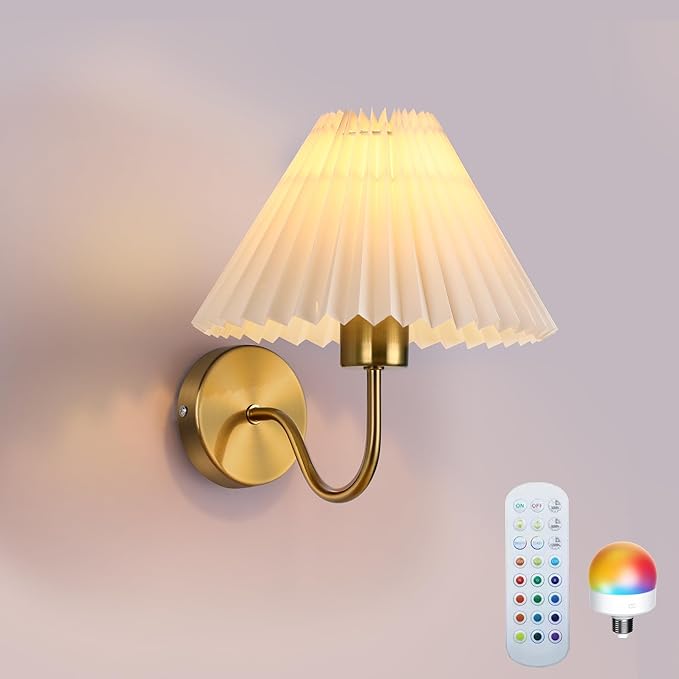 Battery Operated Wall Sconce, Wireless Wall Sconces, Pleated Shades Rechargeable Wall Lights with Remote Control, Dimmable 15 Colors & Magnetic Bulbs Home Decor for Bedroom Living Room(Gold)