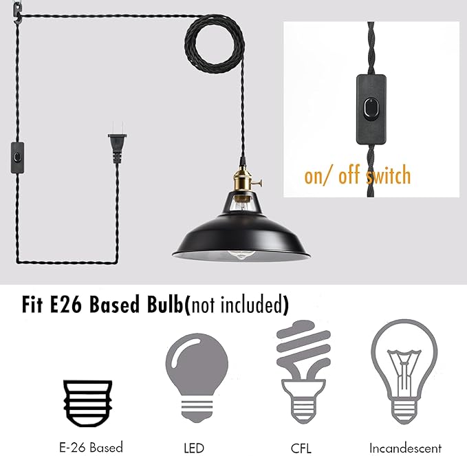 YUBOLE Industrial Hanging Lights with Plug in Cord, Black Barn Pendant Light with Switch for Kitchen Bedroom Bar Reataurant Cafe Loft