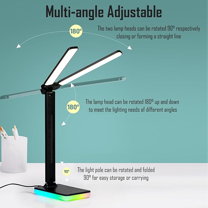 LED Double Head Desk Lamp with RGB Atmosphere Light, 5W USB Output, 5 Color Temp, Slide Steplessly Adjust Brightness, Touch Control, Foldable Table Light with Adapter (Black)