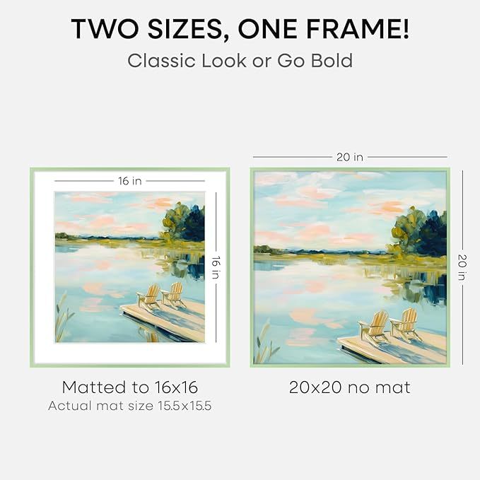 Homeforia 20x20 Picture Frame Sage Green, High End Metal 20 x 20 Square Poster Frames with Mat 16 x 16 Photo, 20x20 Frame Matted to 16x16 Art, 20by20 Hanging Frames, Tempered Glass, Wall Kit, Set of 2