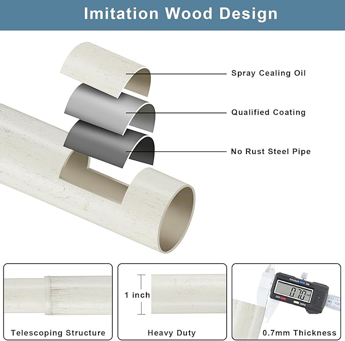 White Wood Grain Window Rods, Double Curtain Rod 72-144” Telescoping Length 1Inch Diameter Front Poles and 5/8Inch Diameter Back Poles