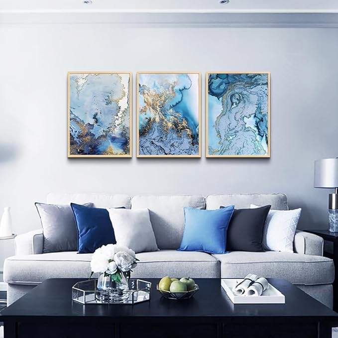 hyidecorart Natural Wood Framed Wall Art For Living Room Large Wall Decor For Office Hotel Bedroom Decoration Minimalist blue Abstract Paintings Watercolor Wall Pictures Artwork Home Decor 3 Piece