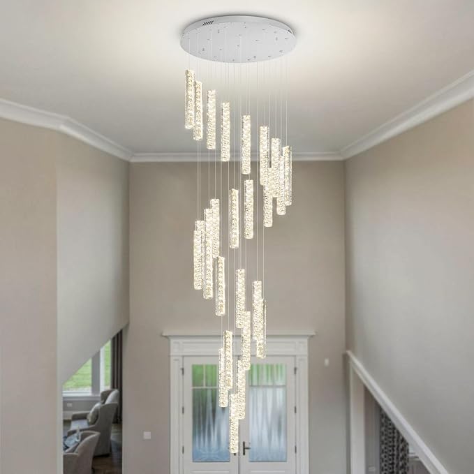 Large Staircase Chandelier 130inch Long Spiral Crystal Chandelier for High Ceiling Foyer Entrance 25-Lights Silver LED Dimmable 3000-6000K