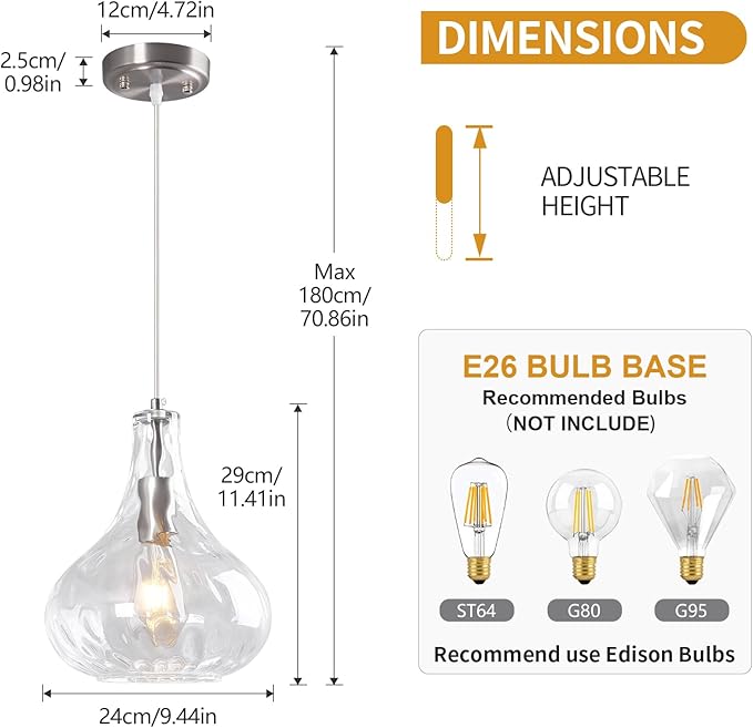 Modern Glass Pendant Light 9.44 in Clear Hammered Glass Shade Brushed Nickel Farmhouse Island Pendant Lights for Kitchen Pendant Lighting Over Sink Bedroom Dining Room