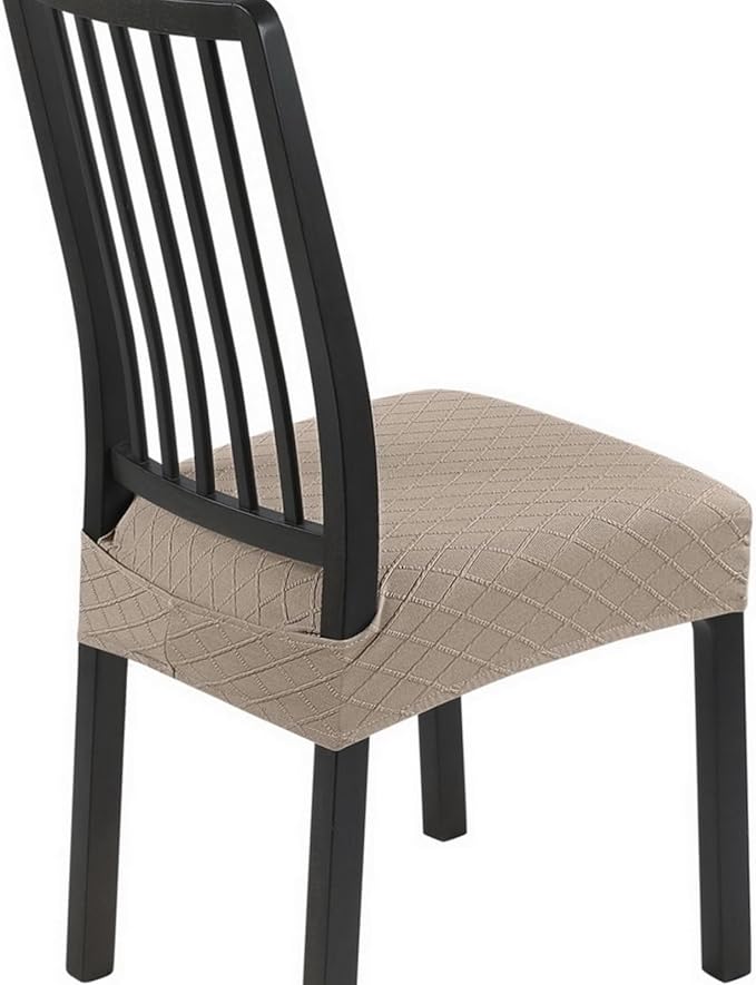 SearchI Stretch Dining Chair Seat Covers Set of 4, Soft Removable Washable Seat Covers for Dining Chairs, Dining Room Seat Cover Protector (Rear-Covered, Khaki Jacquard)