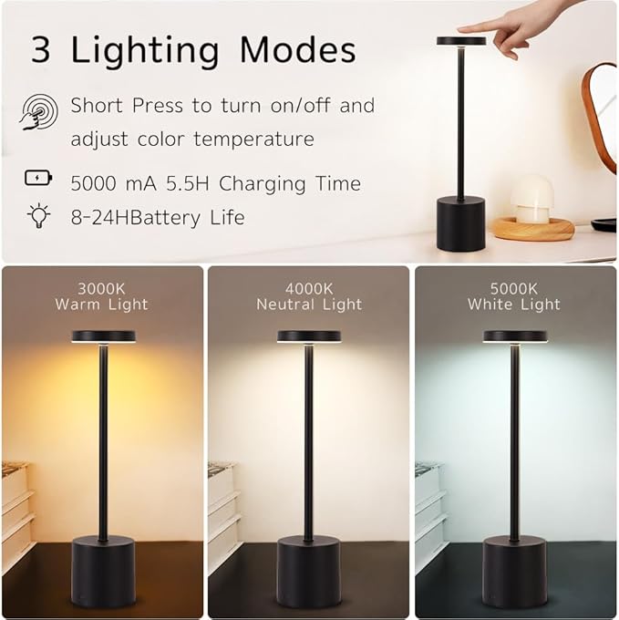 Rechargeable Cordless Table Lamp,Portable Outdoor 5000mAh Battery Operated LED Table Light Touch Control 3 Color Dimmable for Bedroom,Patio,Cofee,Camping,Dining,Restaurant&Livingroom-Black