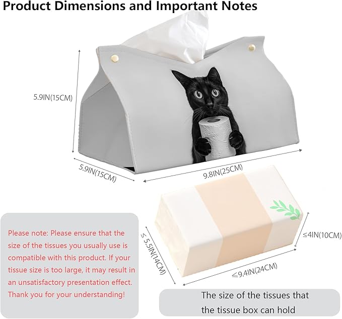 Cute Black Cat Leather Tissue Box Cover for Bathroom Decor,Fun Cat Toilet Paper Box Holder,Funny Decorative Facial Paper Case for Living Room Bathroom Office Desk,9.8x5.9x5.9In