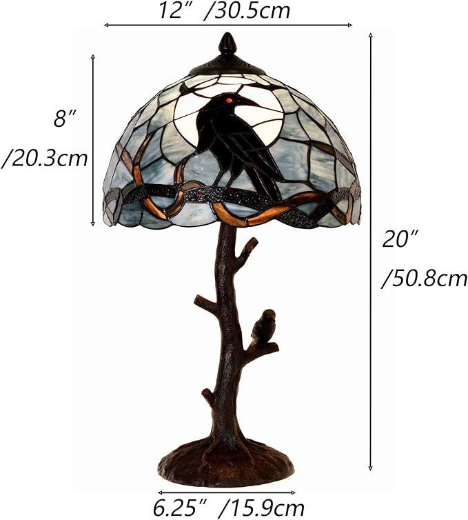 Bieye L10956 Raven Sitting on Bare Tree Branch in Full Moon Night Tiffany Style Stained Glass Table Lamp for Home Decor (Dark Blue, 12Wx20H)