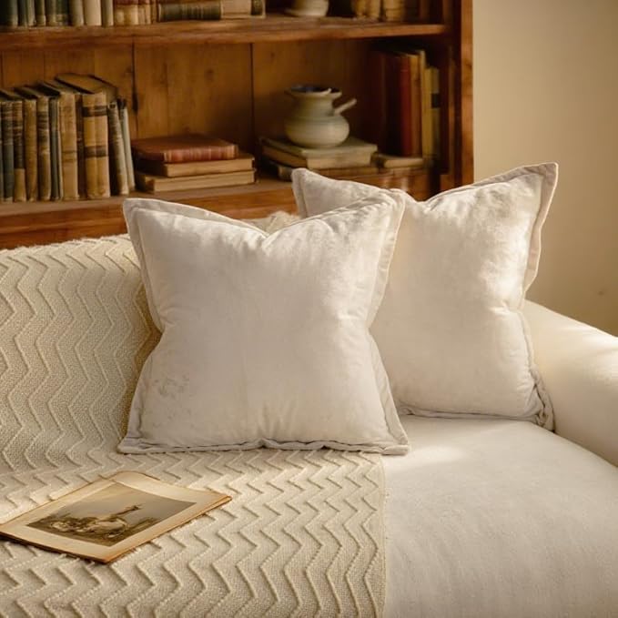 Velvet Pillow Covers 2 Pack Soft 26x26 Pillow Covers Solid Square Euro Shams Decorative Couch Pillow Cases with Wide Border for Sofa Bed Home Decor,White