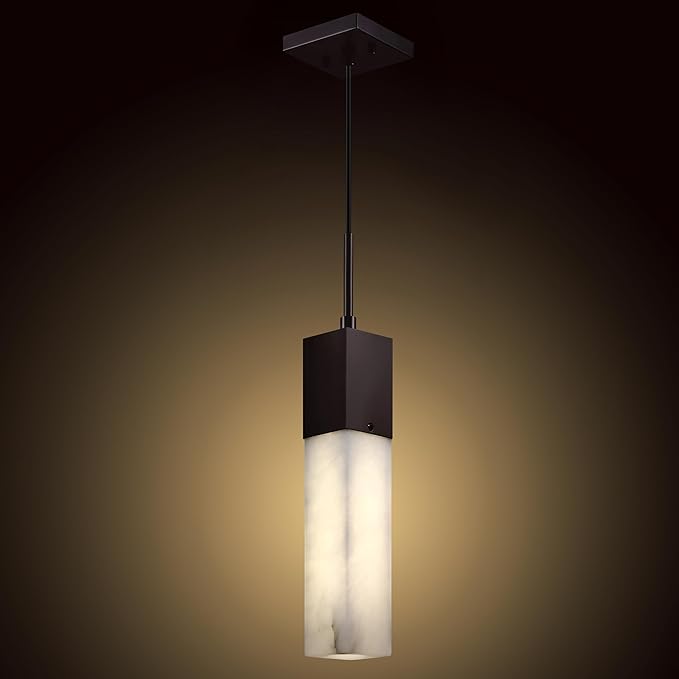 1 Light Hanging Kitchen Island Natural Alabaster Marble Pendant Ceiling Light Fixture,Modern Industrial Farmhouse Light Oil Rubbed Bronze Finish Over Sink Restaurant bar Corridor