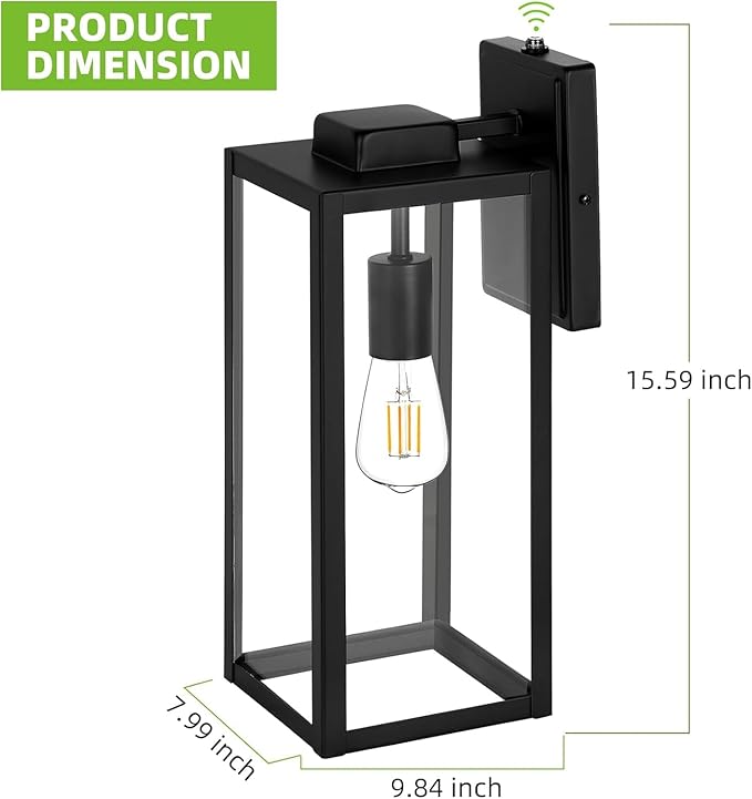 hykolity Large Outdoor Wall Light, 16 Inch Lantern, Dusk to Dawn Exterior Waterproof Sconce, Anti-Rust Mounted Lighting with Glass Shade, Matte Black Lamp with E26 Socket for Porch, 2 Pack