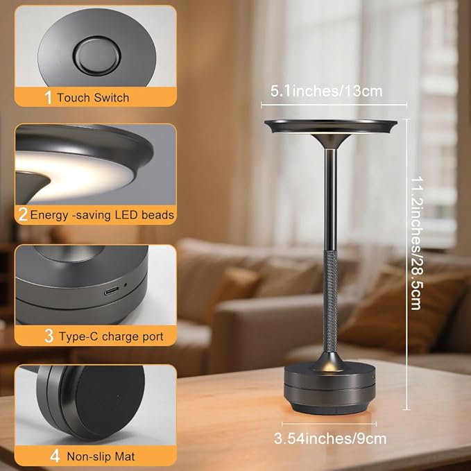 Rechargeable Cordless Table Lamps, Portable 5000mAh Outdoor Table Light, 3 Color Stepless Dimming LED BedsideTable Lamp with Memory Function, Battery Lamp For Kitchen/Dinner/Patio/Restaurant(Black)