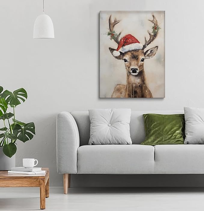 Christmas Reindeer Wall Art-Reindeer In Santa Hat Poster,Deer Painting,Christmas Reindeer Poster, Reindeer Still Life Painting, Vintage Holiday Art, Winter Farmhouse Decor12x16inch Unframed