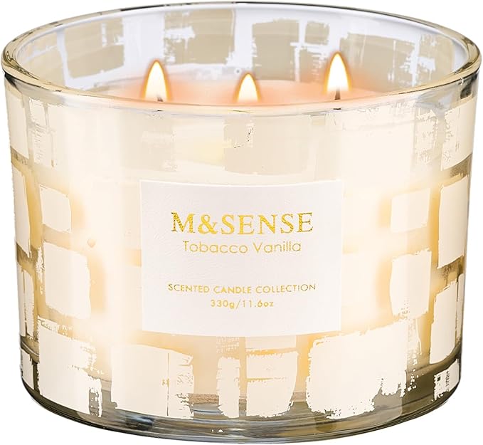 M&SENSE Tobacco Vanilla Scented, Soy Wax 11.6oz 60 Hours Clean Non Toxic Slow Burn,3 Wick Highly Scented Aromatherapy Candles for Relaxation, Holiday Gifts for Men&Women