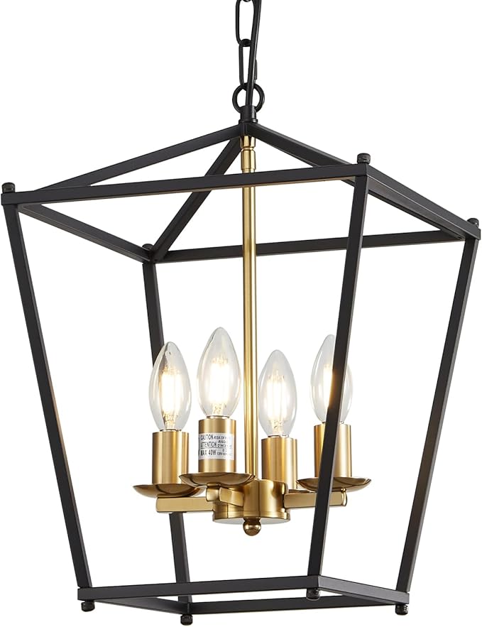 Rustic Lantern Chandeliers 4-Light Ceiling Cage Hanging Lights Black and Gold Pendant Light Fixtures for Kitchen Island Dining Room Farmhouse Entryway Foyer