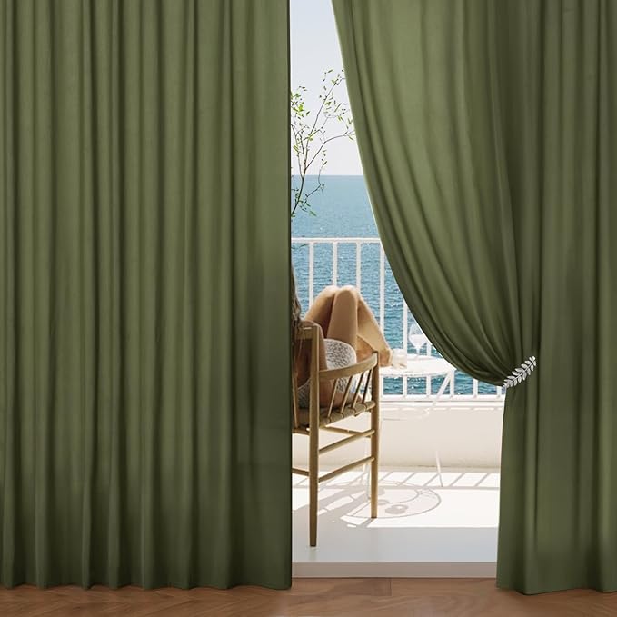 EMEMA Privacy Sheer Curtains 96 Inches Long 2 Panels Set, Olive Green Non-See-Through Light Filtering Semi Sheer Curtains for Bedroom Living Room, Window Drapes That Let Light in, 42x96 Inch