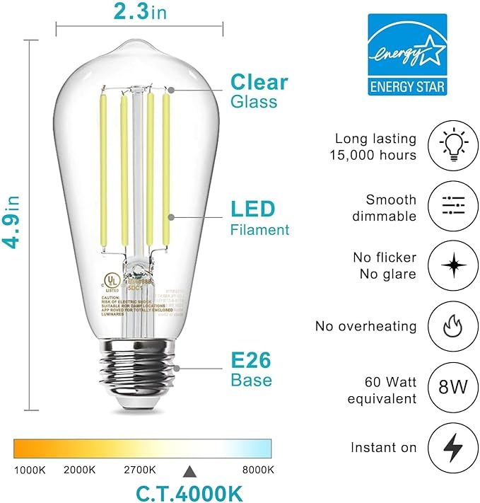 TJOY 30 Pack E26 Base Vintage LED Edison Light Bulbs, 60W Equivalent Dimmable, 4000K Natural White, 8W ST58 LED Filament Bulbs, 800Lumens, CRI80+, Antique Glass Style for Home, Bedroom, Farmhouse