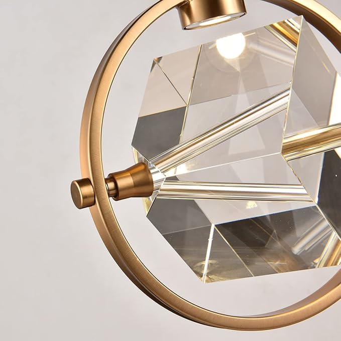 Crystal Pendant Light Fixture, Modern Dimmable Pendant Kitchen Island Light, Matte Brass Small Chandelier Hanging Lighting with Cube Pendant for Dining Room Bedroom Bathroom
