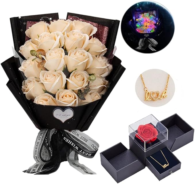 EIGHTOWN Roses Bouquet Artificial Flower - Preserved Red Rose Flowers with Love Necklace for Her - Unique Gifts Valentine's Day, Mother's Day, Thanksgiving, Birthday, Anniversary