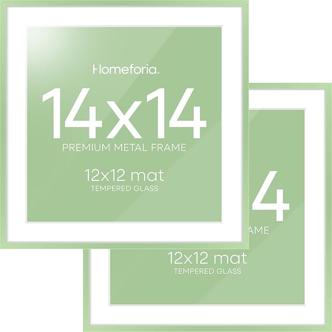 Homeforia 14x14 Picture Frame Sage Green, High End Metal 14 x 14 Square Poster Frames with Mat 12 x 12 Photo, 14x14 Frame Matted to 12x12 Art, 14by14 Hanging Frames, Tempered Glass, Wall Kit, Set of 2