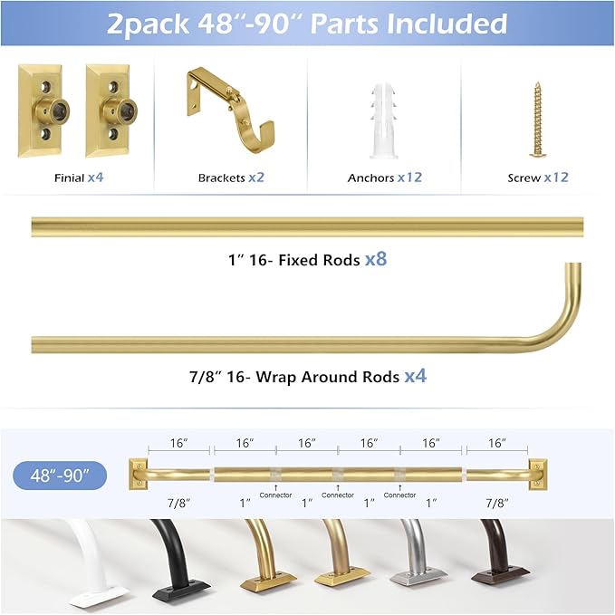 Gold Wrap Around Curtain Rods 2 Pack:Blackout Heavy Duty Adjustable Window Curtain Rod for Bedroom Kitchen,Modern Decorative Curved French Metal Drapery Rods Easy Install,Brushed Gold 48-90"