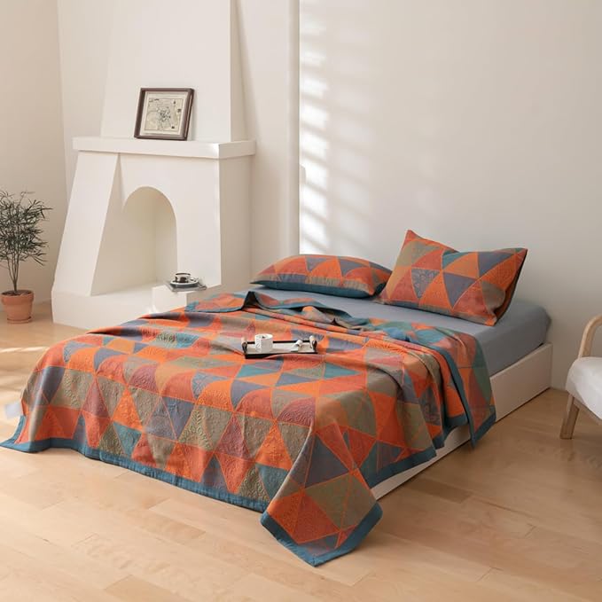 100% Cotton Muslin Blanket Jacquard Bohomian Mandala Triangle Print Quilt, Soft Bed Cover Reversible Bedspread Coverlet Breathable Lightweight Bedding Full/Queen(78"x94"), No Pillow Sham