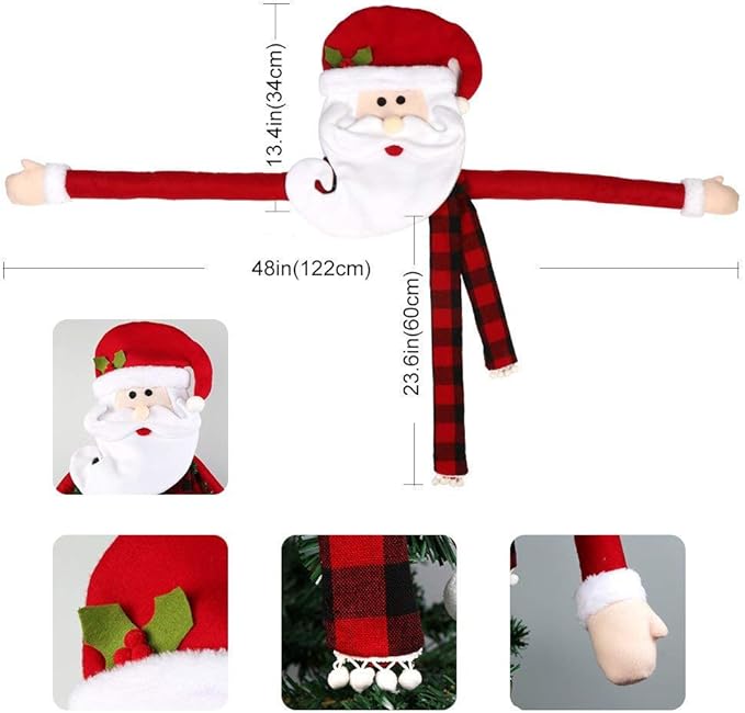 Large Christmas Tree Topper Hat Santa Claus with Buffalo Plaid Scarf for Holiday, Xmas Trees Ornament Christmas Decorations Party Supplies