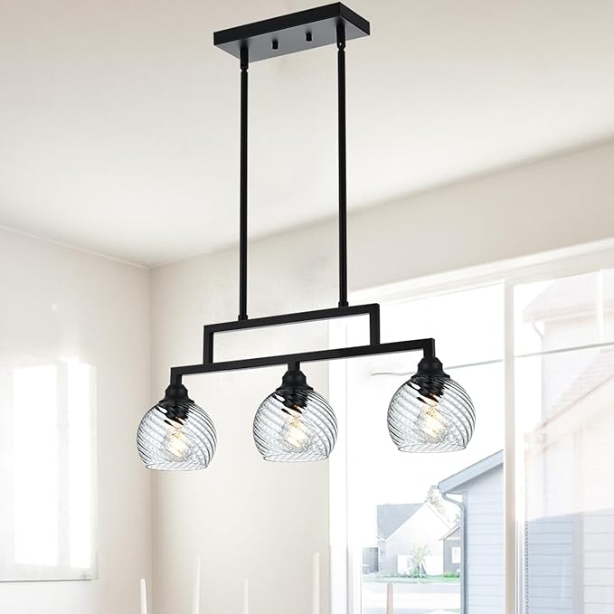 3 Light Contemporary Pendant Lights Kitchen Island with Clear Striped Swirl Globe Glass, Black Hanging Ceiling Light Linear Chandeliers for Dining Room Kitchen Living Room