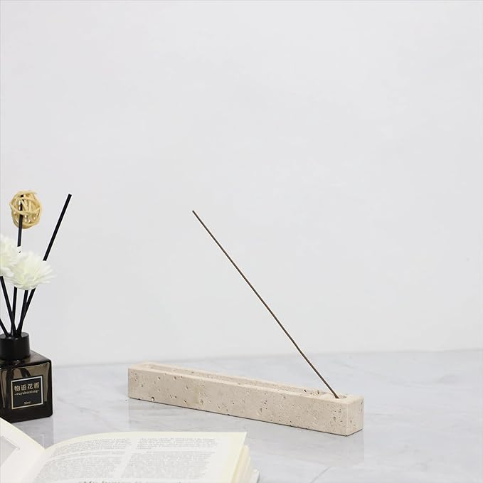 Travertine Incense Burner, 25cm Aromatherapy Tray, Beige Rectangular Ash Catcher for Sage and Cones,Incense Stick (22cm Rectangle)