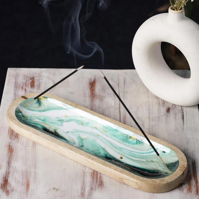 The Art Box Hand-Painted Incense Burner Holder Aquamarine - 12x4x1 inch Wooden Long Incense Stick Tray Holder for Modern Gift, Ash Catcher Incense Stick Holder - Meditation & Yoga