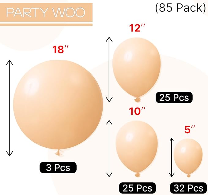 PartyWoo Retro Apricot Balloons, 85 pcs Apricot Balloons Different Sizes Pack of 18 Inch 12 Inch 10 Inch 5 Inch for Balloon Garland as Birthday Decorations, Party Decorations, Baby Shower Decorations